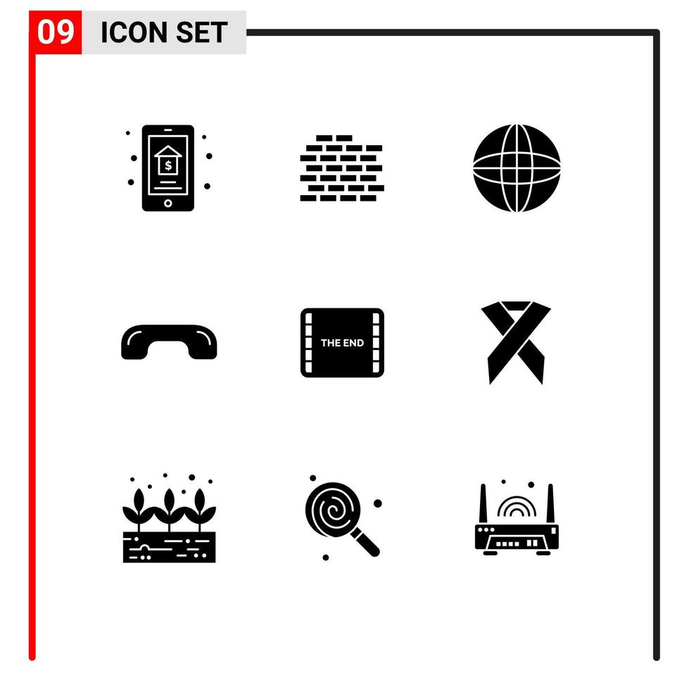 9 User Interface Solid Glyph Pack of modern Signs and Symbols of film up globe phone hang Editable Vector Design Elements