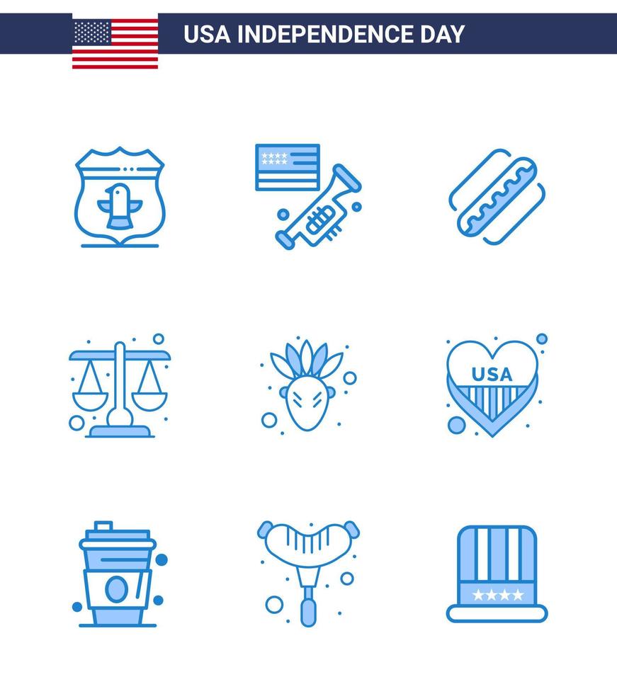 USA Happy Independence DayPictogram Set of 9 Simple Blues of native american scale america law court Editable USA Day Vector Design Elements