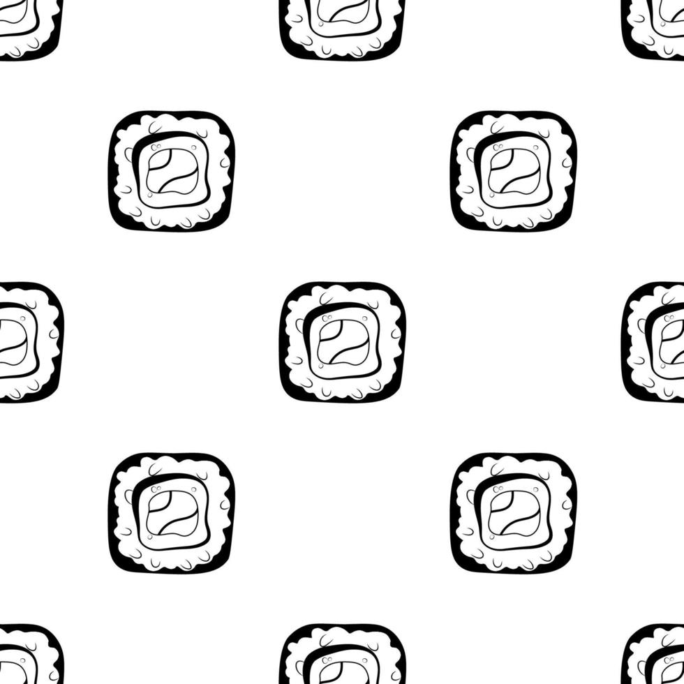 Seamless pattern with black and white sushi rolls with cream cheese, salmon and cream cheese. Contour background for fabric vector