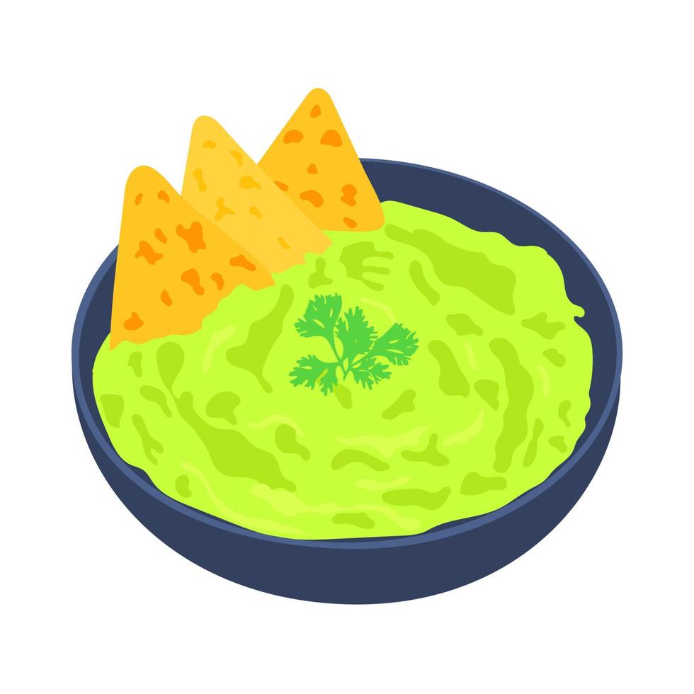 Bowl with guacamole. Mexican food with avocado and tortilla chips and nachos. Vector illustration