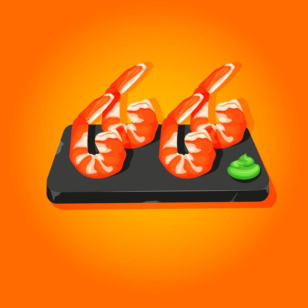 conjunto de gambas con wasabi sobre la bandeja de piedra rota. plato con mariscos vectoriales de dibujos animados. marisco fresco. vector