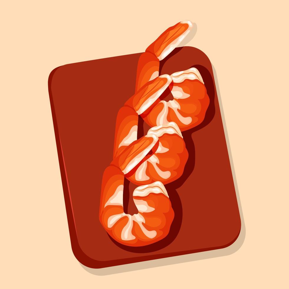 Set of shrimps lying on the wood plate. Cartoon vector seafood illustration. Fresh sea food.