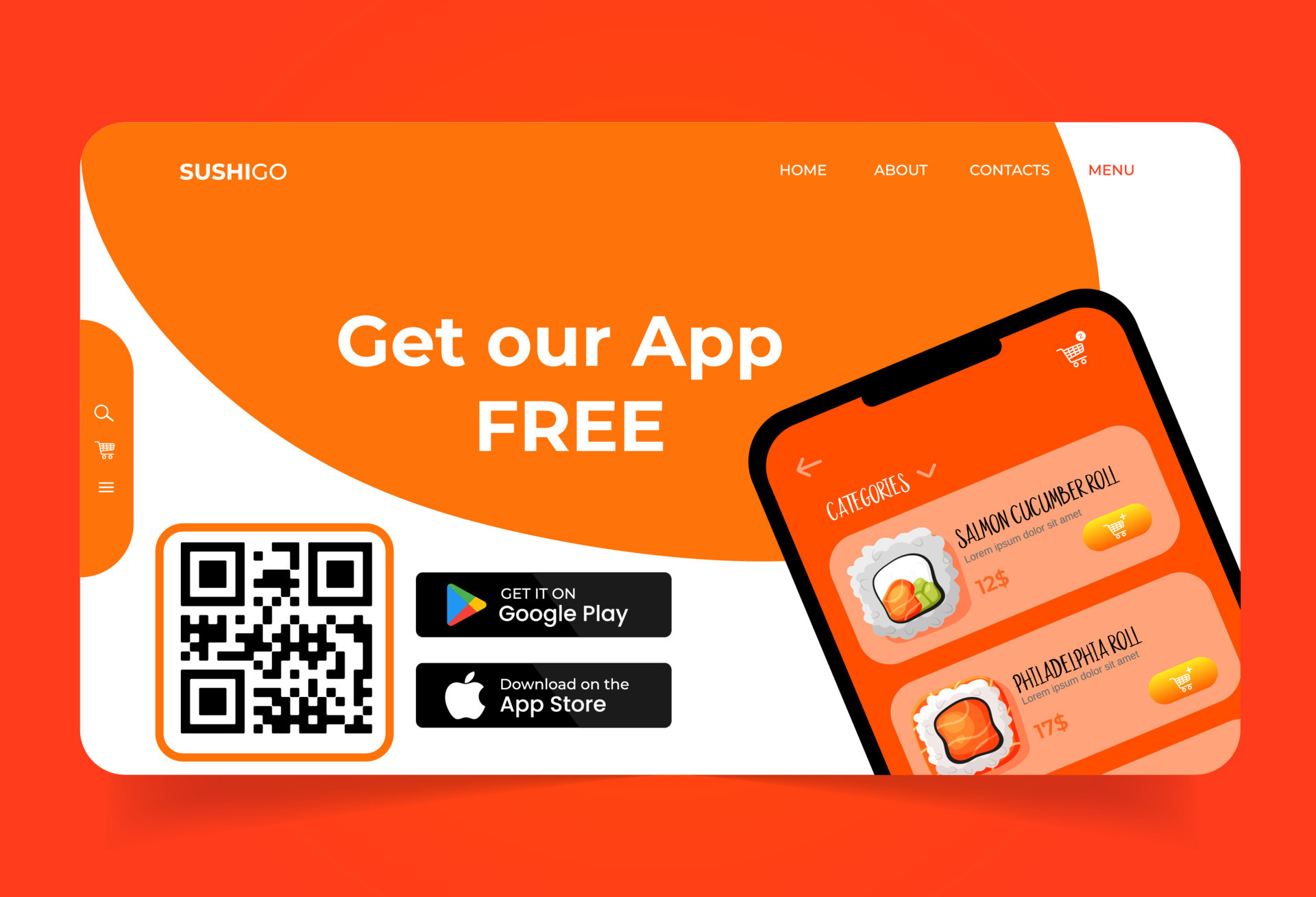 Landing page with phone prototype app with sushi and qr code. Homepage