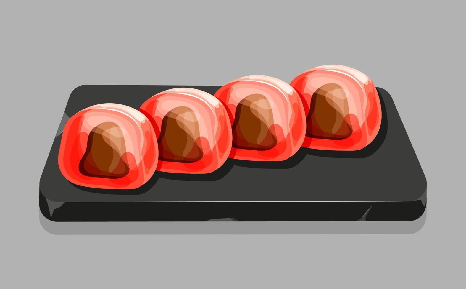 mochi de fresa de dibujos animados en la bandeja de piedra. deliciosos postres dulces japoneses con chocolate. ilustración vectorial vector