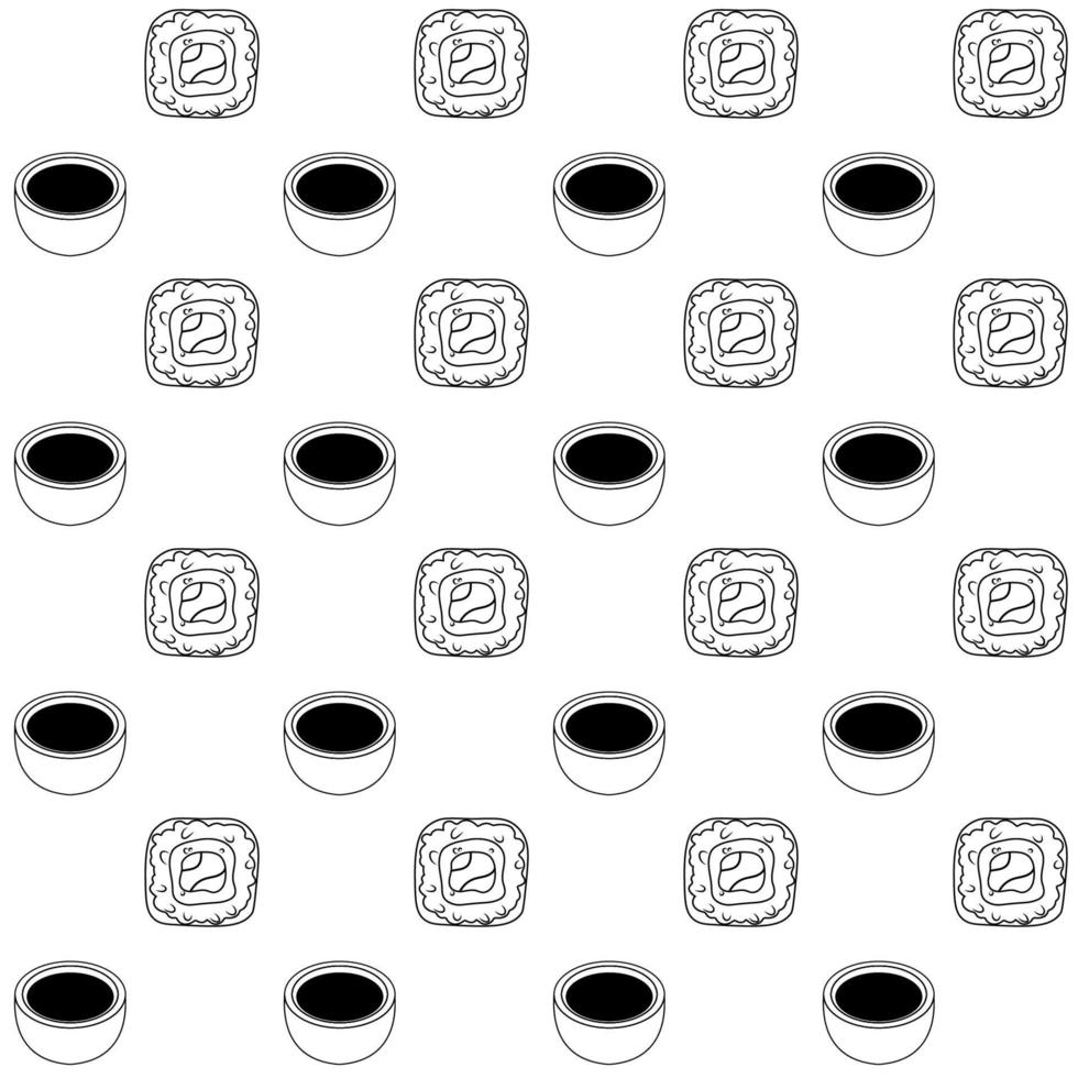 Seamless vector pattern with line art sushi rolls and soy sauce. Asian food background