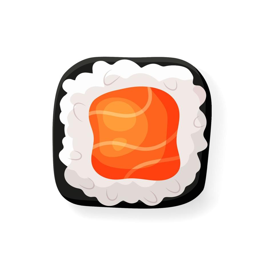 Sushi roll icon with nori, rice and salmon.  Isolated cartoon asian rolls vector