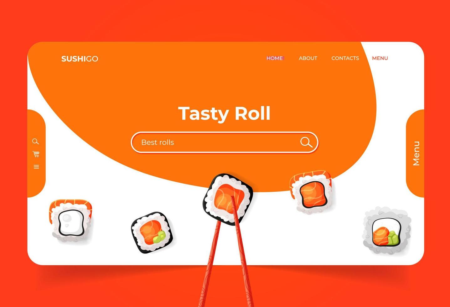 Landing page with sushi rols and wooden chopsticks on web page. Asian food. Homepage with with salmon vector