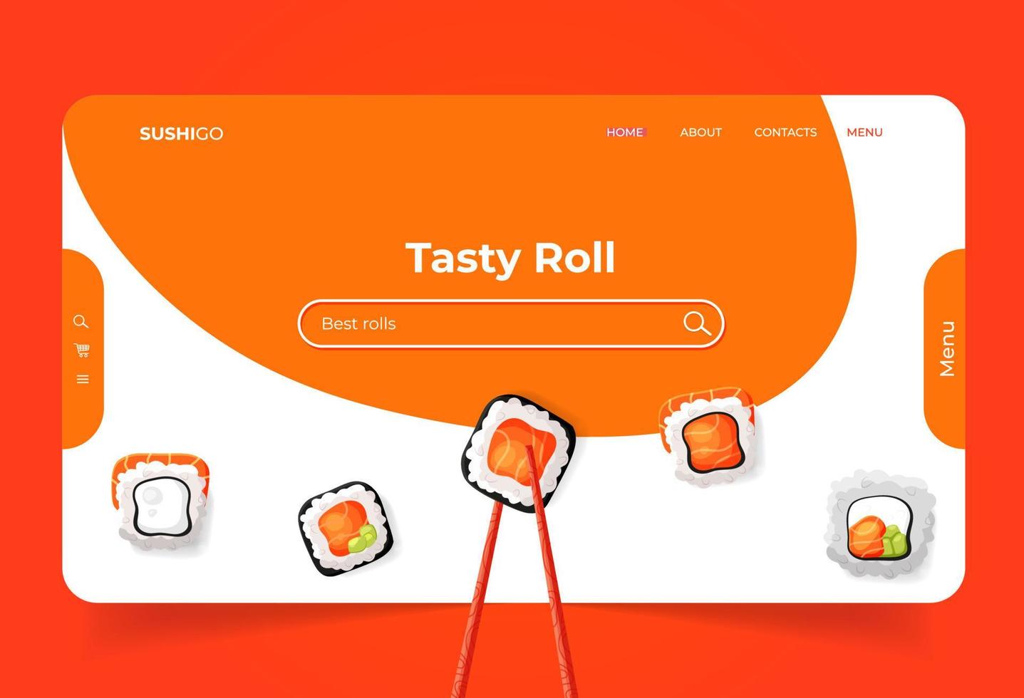 página de destino con rollos de sushi y palillos de madera en la página web. comida asiática. página de inicio con salmón vector