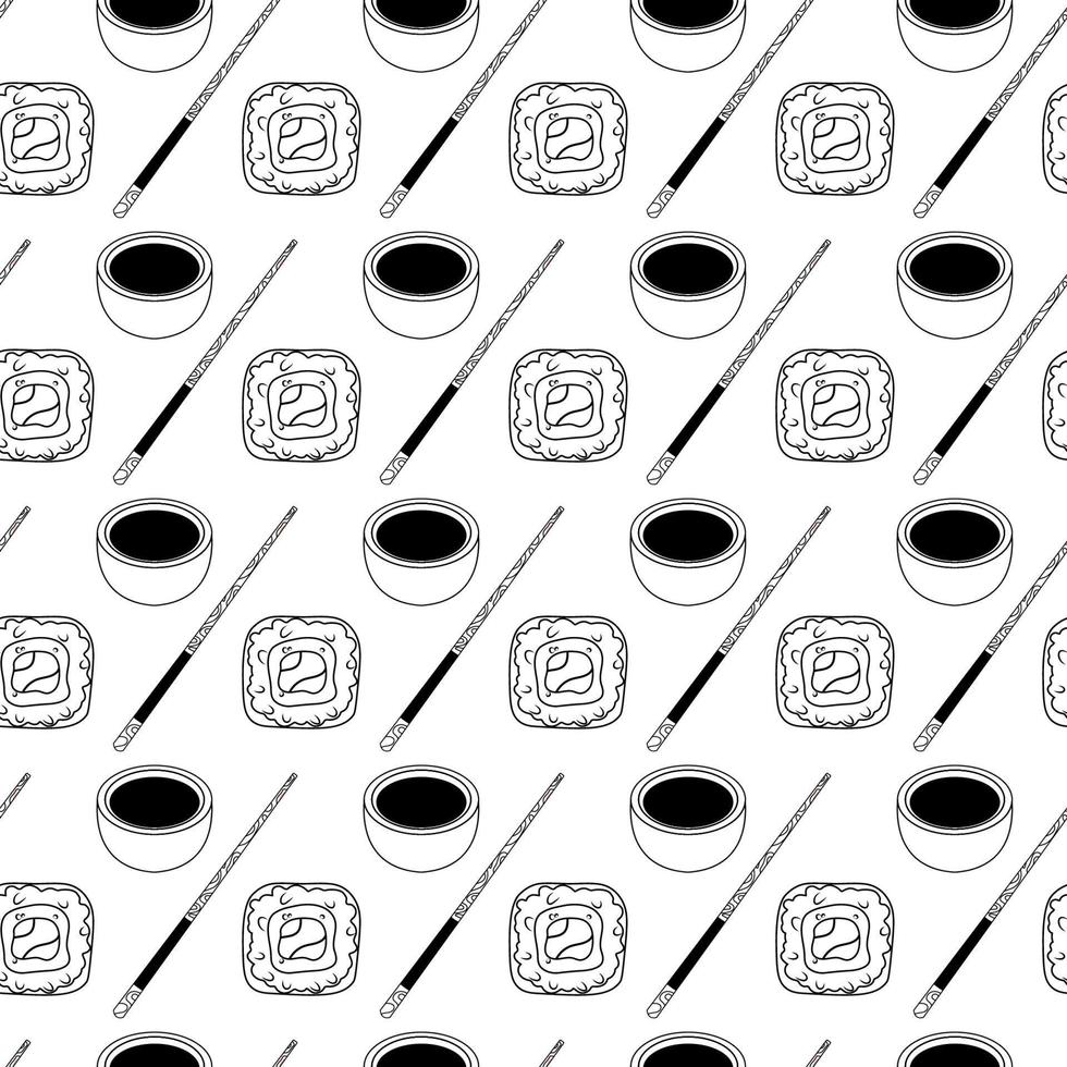 Vector seamless pattern with sushi rolls, soy sauce and wooden chopsticks for fabric, textile