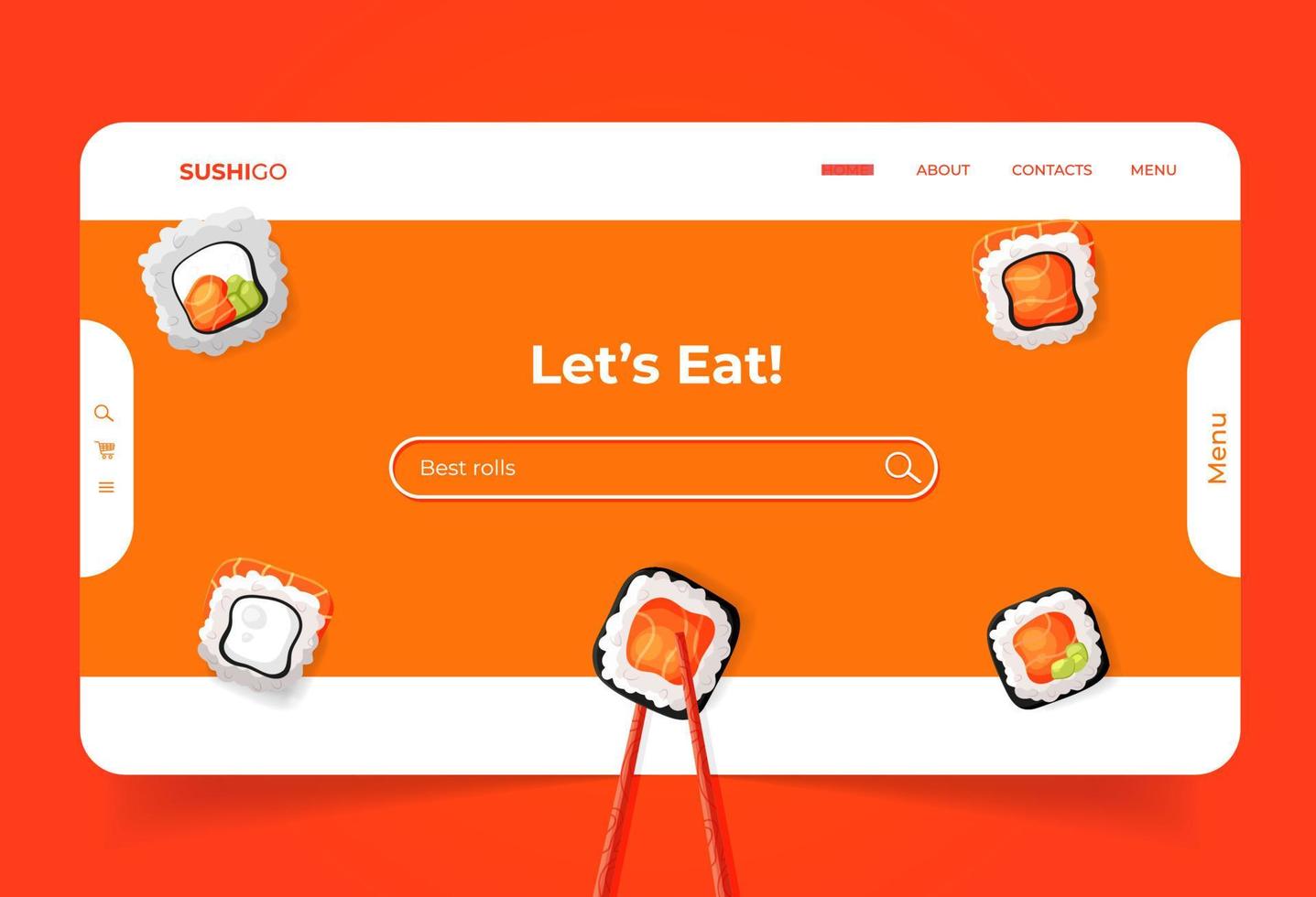 página de inicio con rollo de sushi en palillos de madera. sitio web para empresa comercial de comida asiática vector