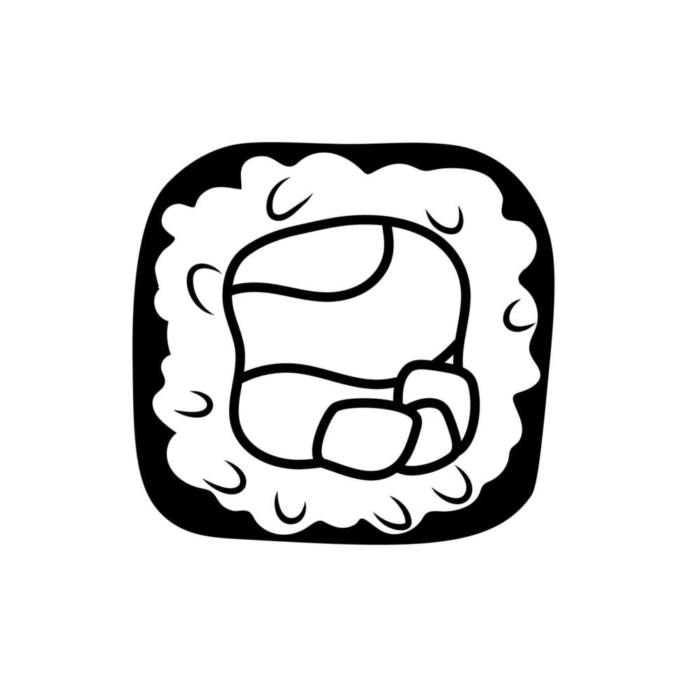 Black and white contour Sushi icon with cucumber and salmon. Vector asian food illustration isolated