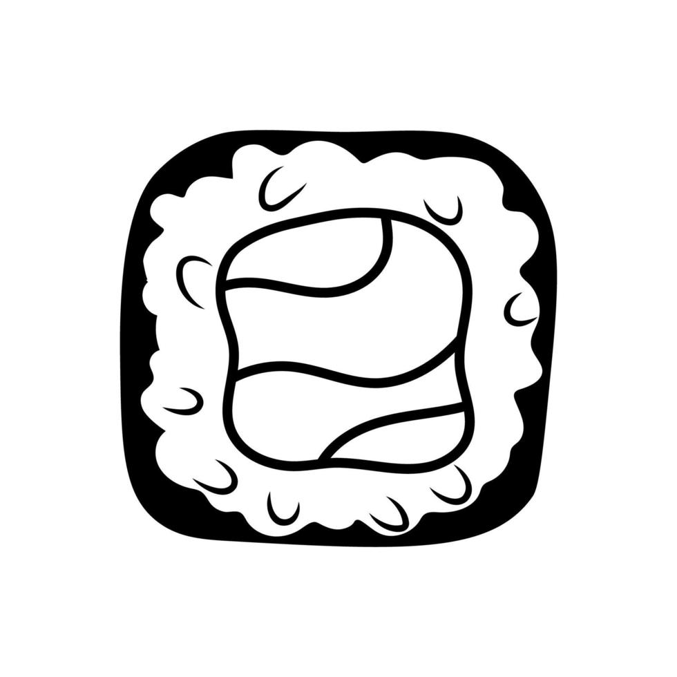 Black and white contour Sushi icon with salmon. Vector asian food illustration isolated