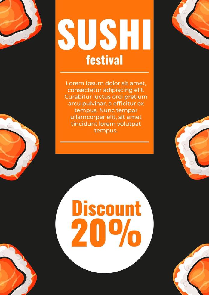 Sushi flyer with 20 percent discount for asian festival. Rolls with salmon and nori vector
