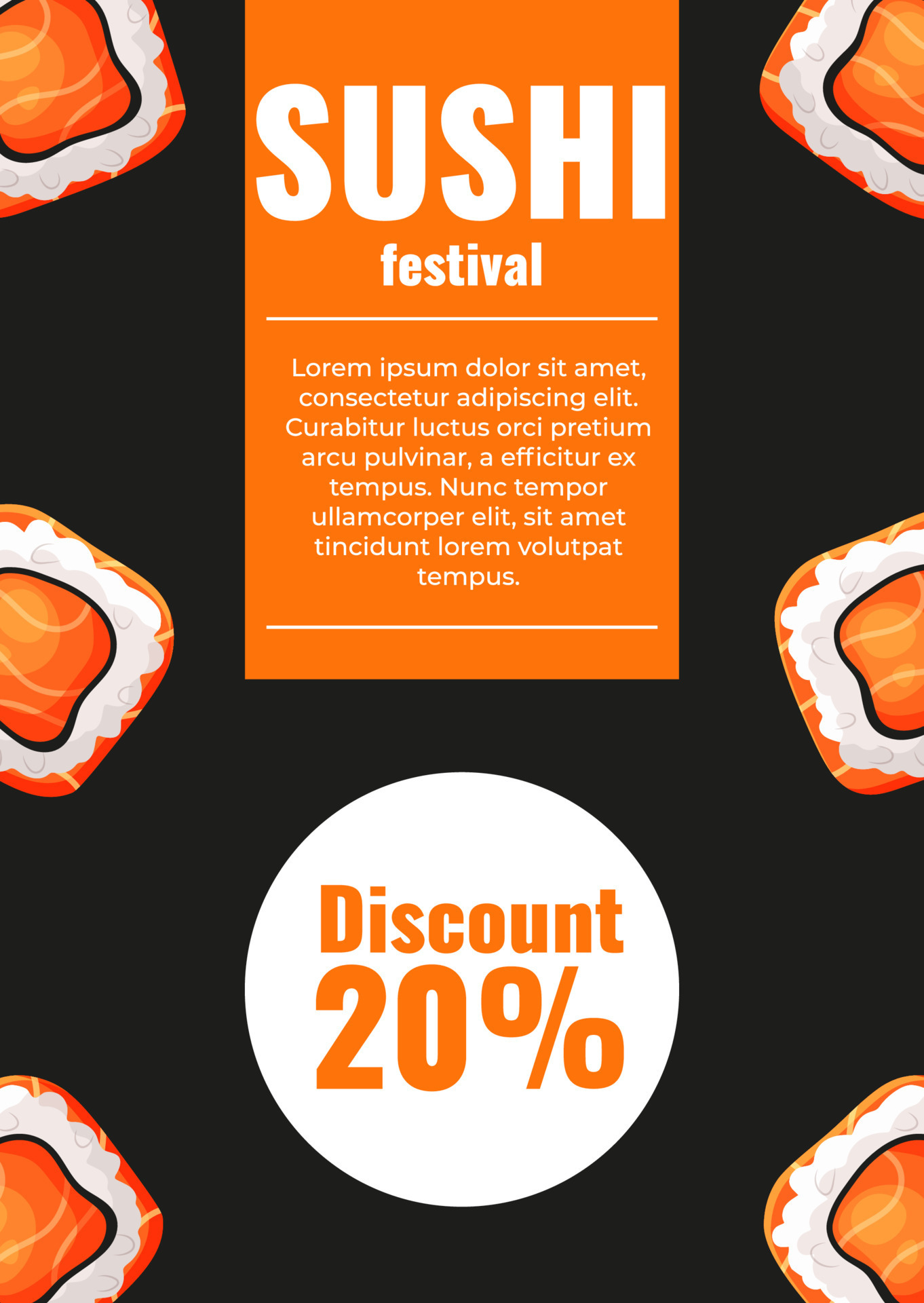 Sushi flyer with 20 percent discount for asian festival. Rolls