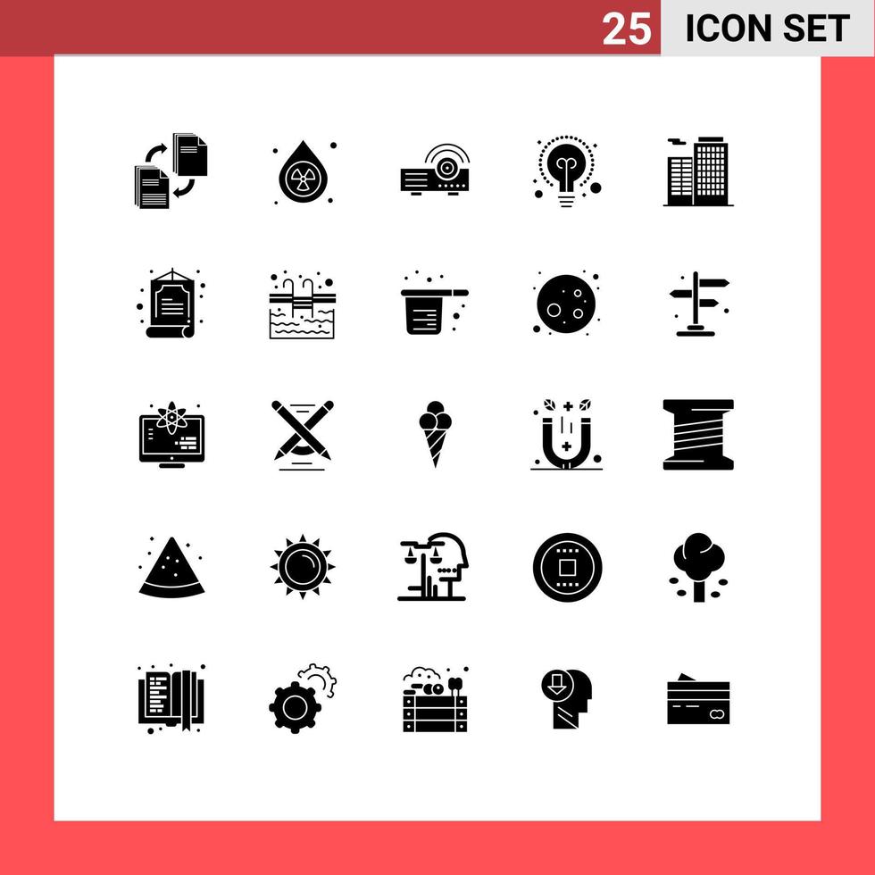 paquete de 25 signos y símbolos de glifos sólidos modernos para medios de impresión web, como la creación de ideas, el servicio de educación sobre la contaminación, elementos de diseño de vectores editables