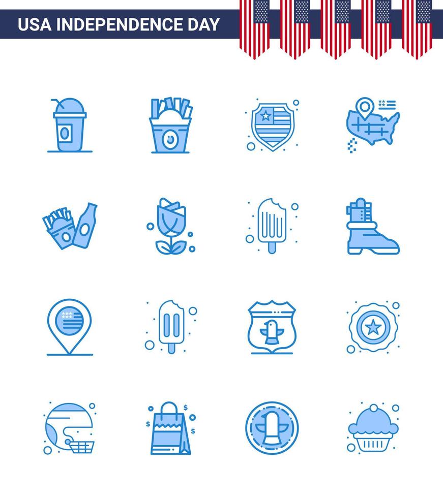 paquete azul de 16 símbolos del día de la independencia de estados unidos de flor frise mapa de botella estadounidense editable elementos de diseño vectorial del día de estados unidos vector