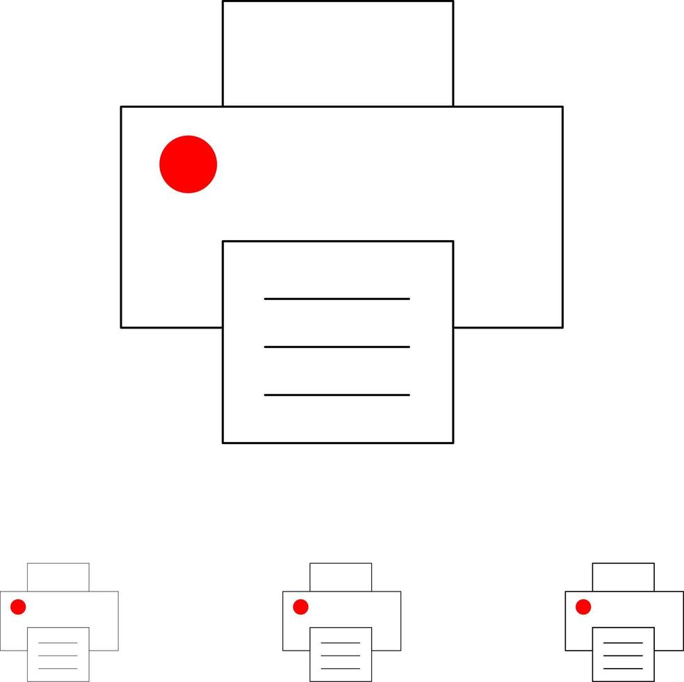 conjunto de iconos de línea negra en negrita y delgada impresión de impresora vector