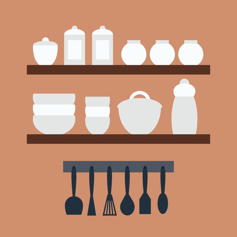 Vector kitchen utensils on shelves set. Flat style cooking tools isolated. Plates, bowls, bottles and pot
