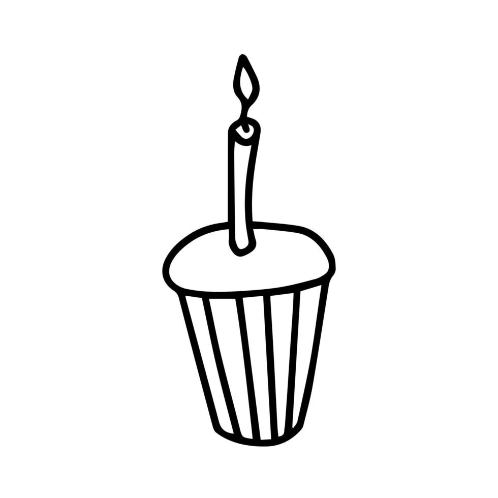 Birthday cupcake with candle doodle illustration. Vector cupcake simple
