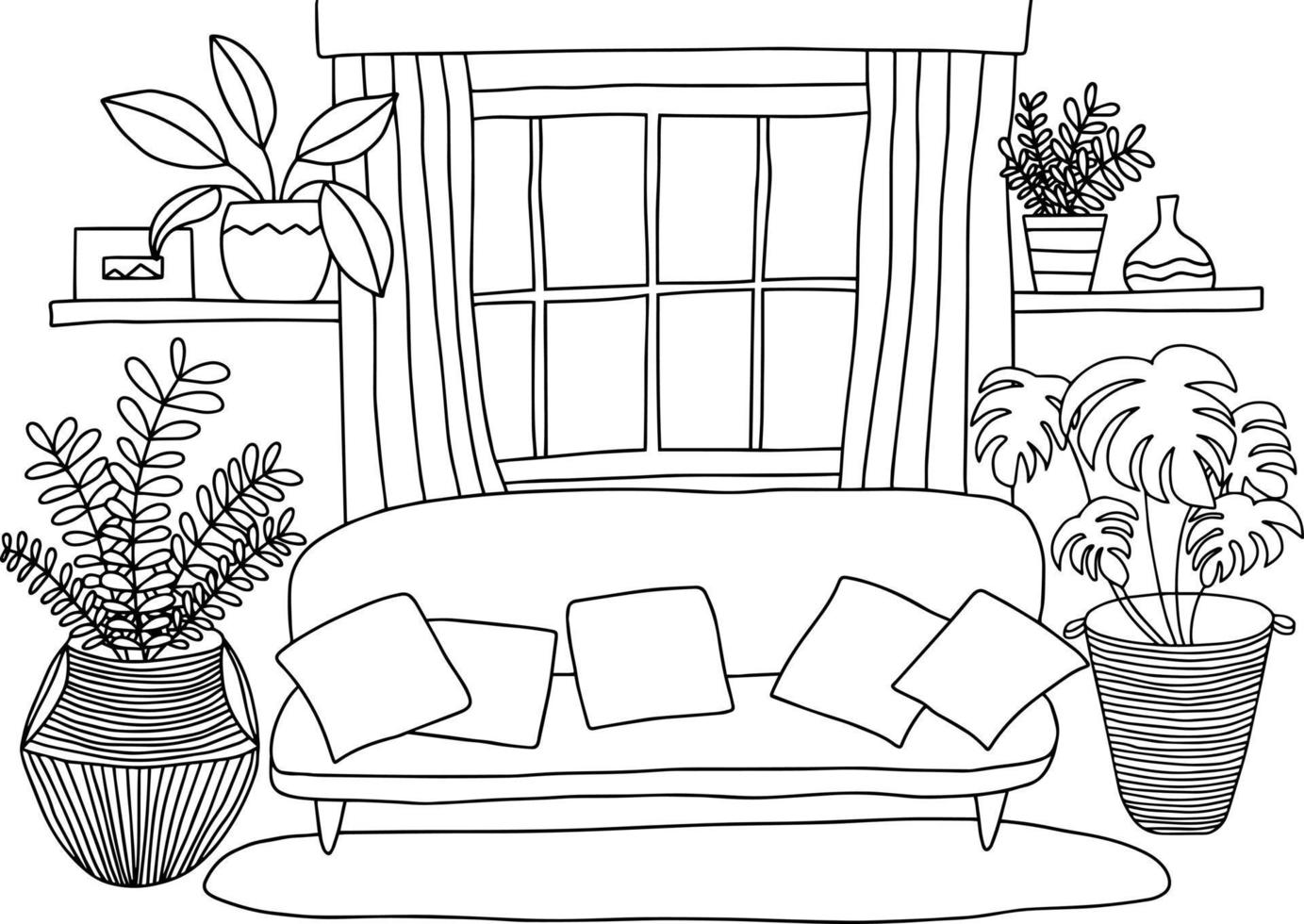 Cozy living room coloring page. Living room interior design. Cute coloring book for children and adults vector