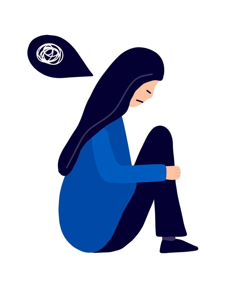Depressed woman sitting on the floor holding her knees. Sad woman in depression vector