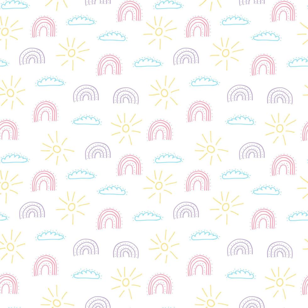 Cute doodle seamless pattern with rainbows. Hand drawn vector rainbow pattern on white backgrownd.