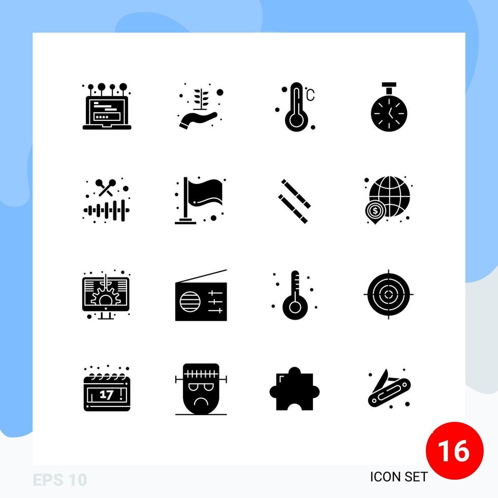 Set of 16 Commercial Solid Glyphs pack for party music thermometer instrument timer Editable Vector Design Elements