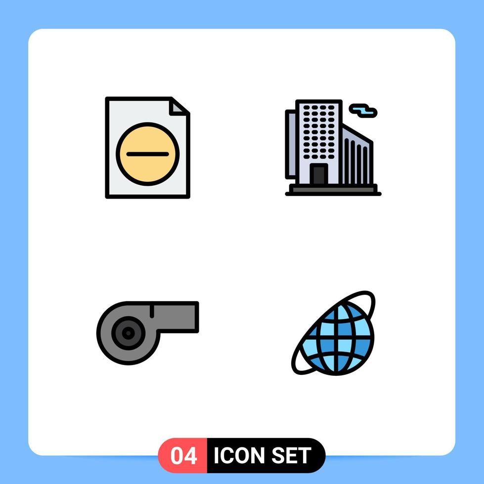 Set of 4 Vector Filledline Flat Colors on Grid for delete globe building city planet Editable Vector Design Elements