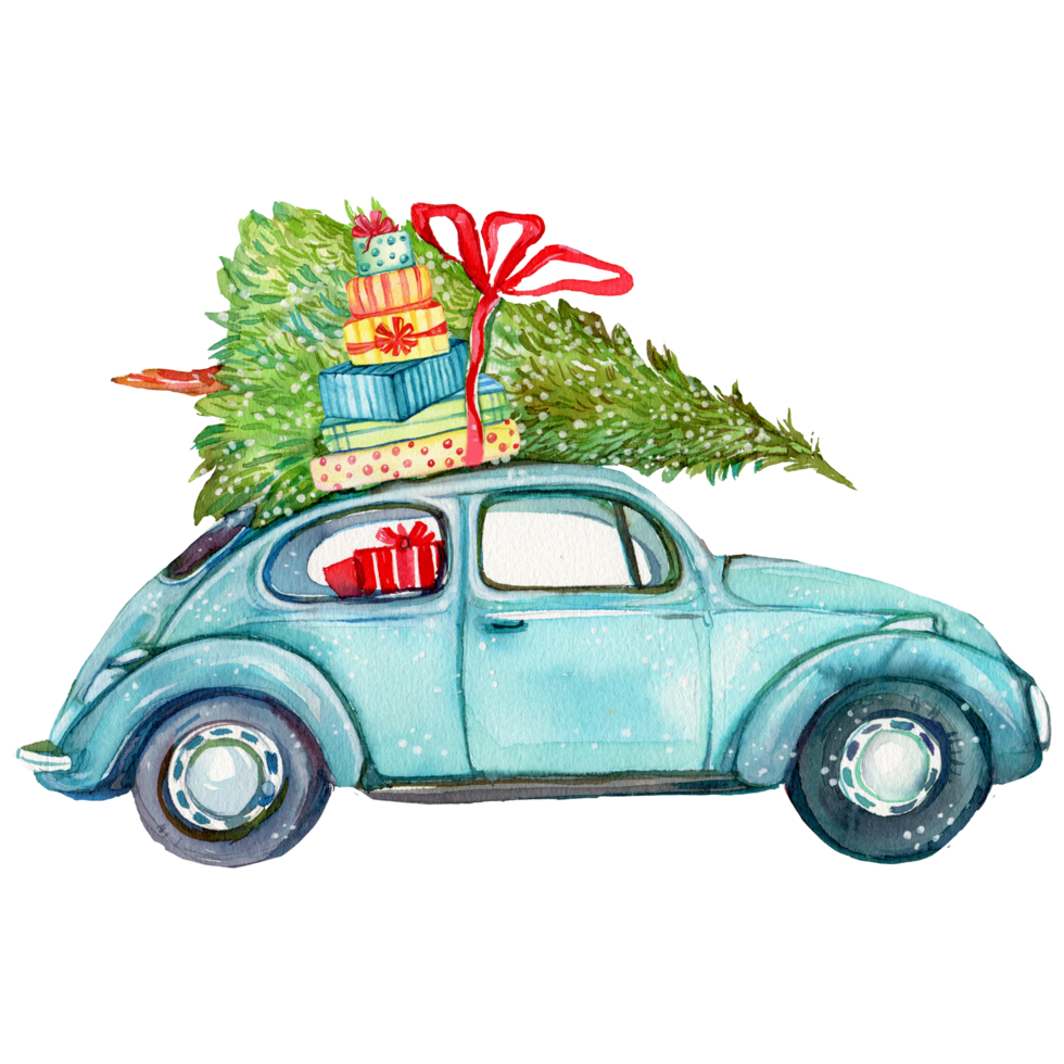 coche vintage acuarela con árbol de navidad png
