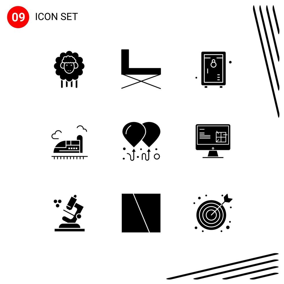 Set of 9 Modern UI Icons Symbols Signs for balloon high sit train garden Editable Vector Design Elements