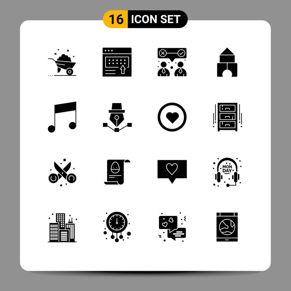paquete de glifos sólidos de 16 símbolos universales de elementos de diseño de vectores editables de trabajo en equipo de constructores de páginas de juguetes musicales
