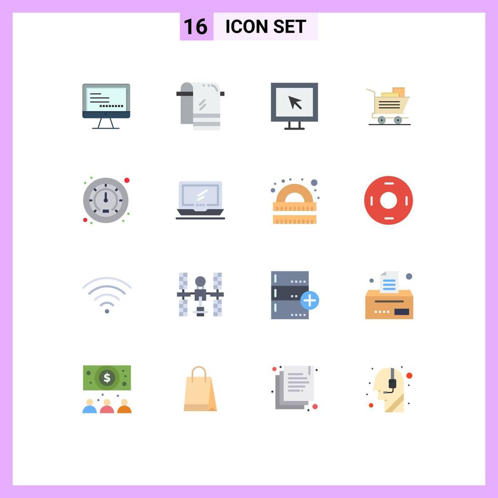 Pack of 16 Modern Flat Colors Signs and Symbols for Web Print Media such as traffic meter entertainment basket cart Editable Pack of Creative Vector Design Elements