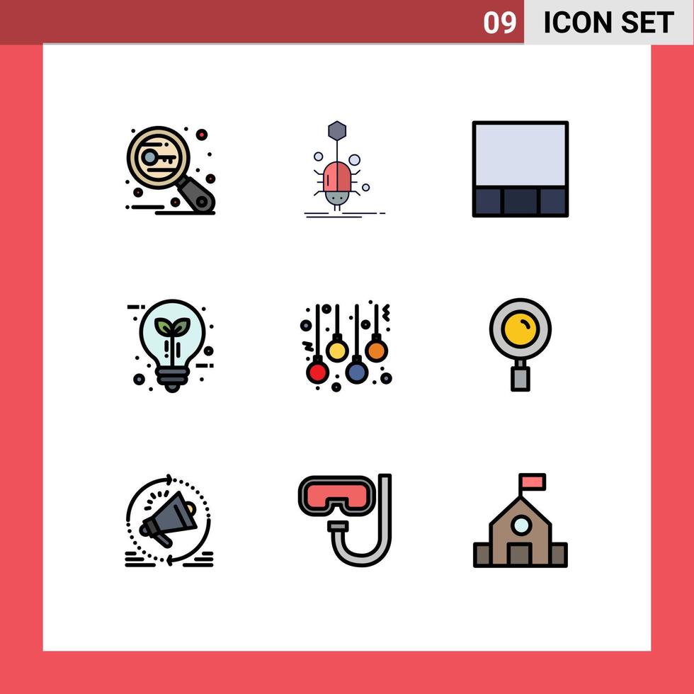 9 User Interface Filledline Flat Color Pack of modern Signs and Symbols of accessories leaf virus electricity bulb Editable Vector Design Elements