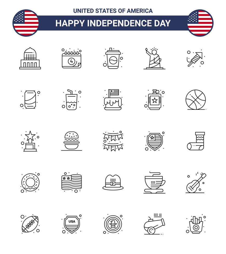 USA Independence Day Line Set of 25 USA Pictograms of fire work statue bottle of landmarks Editable USA Day Vector Design Elements