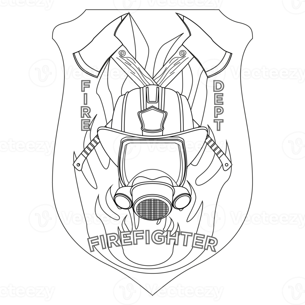 Firefighter insignia coloring page. Firefighter mask, helmet and axes behind on shield badge. Colorful PNG illustration.