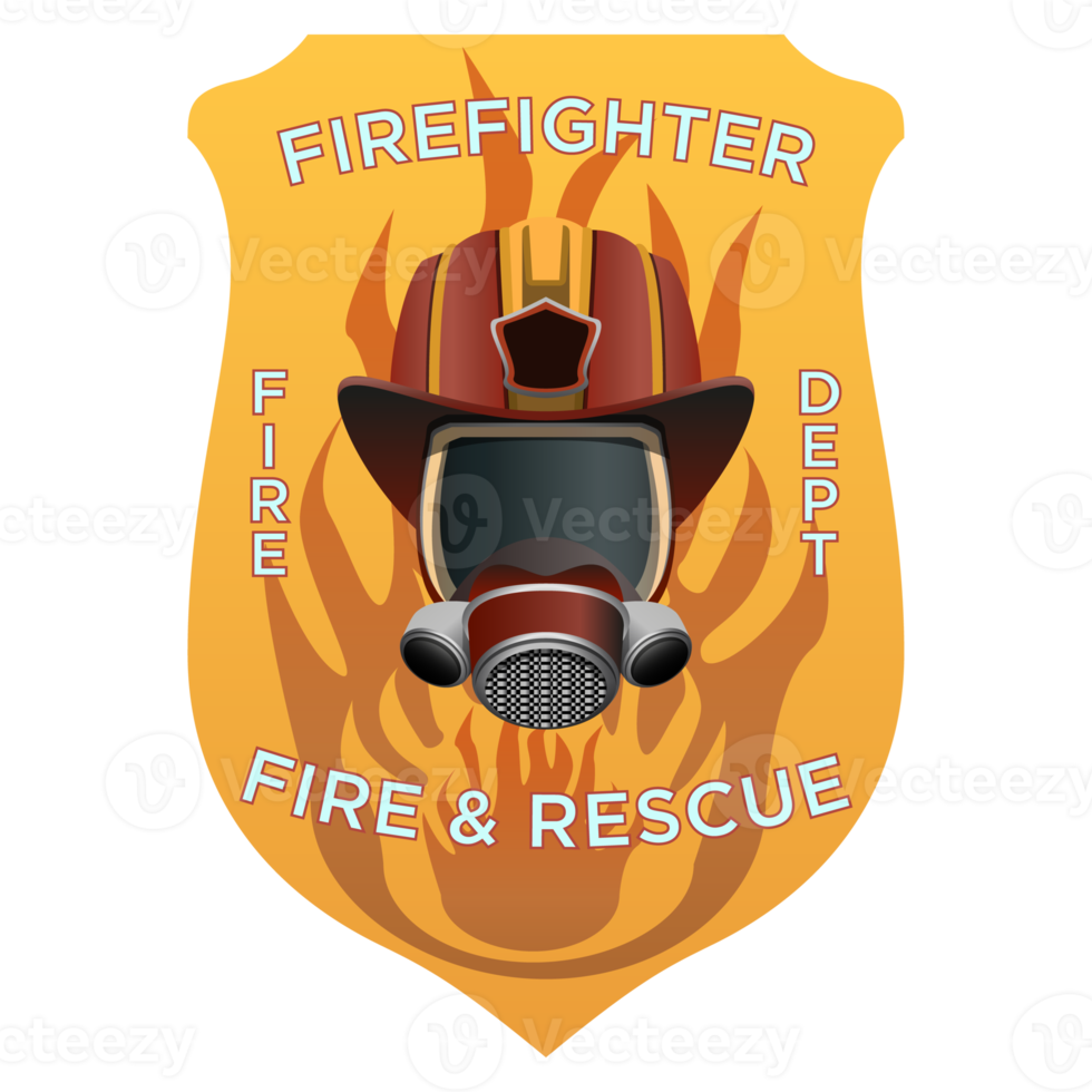 Firefighter insignia. Firefighter mask, helmet and axes behind on shield badge. Colorful PNG illustration.