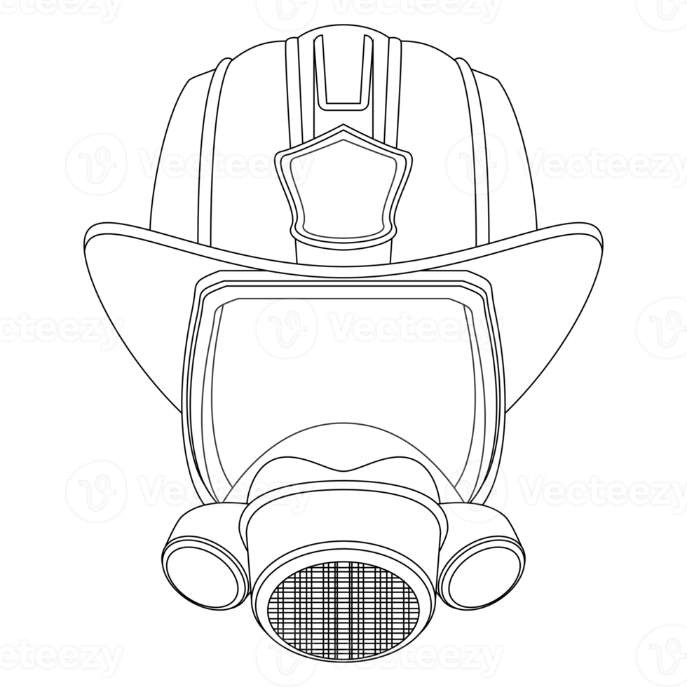 Firefighter Coloring page. Mask and Helmet. Head of a firefighter. Colorful PNG illustration.