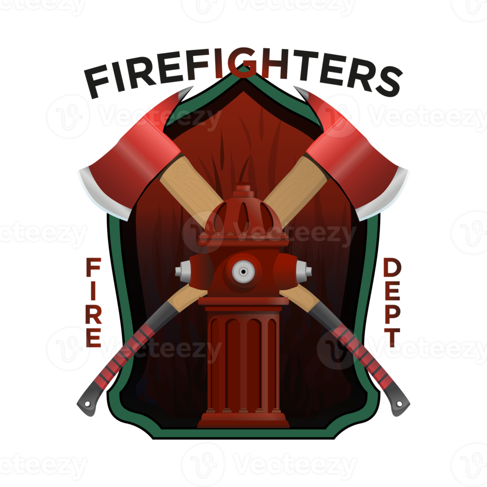 Firefighter Insignia in realistic style. Firefighter axes and hydrant on shield Badge. Colorful PNG illustration.