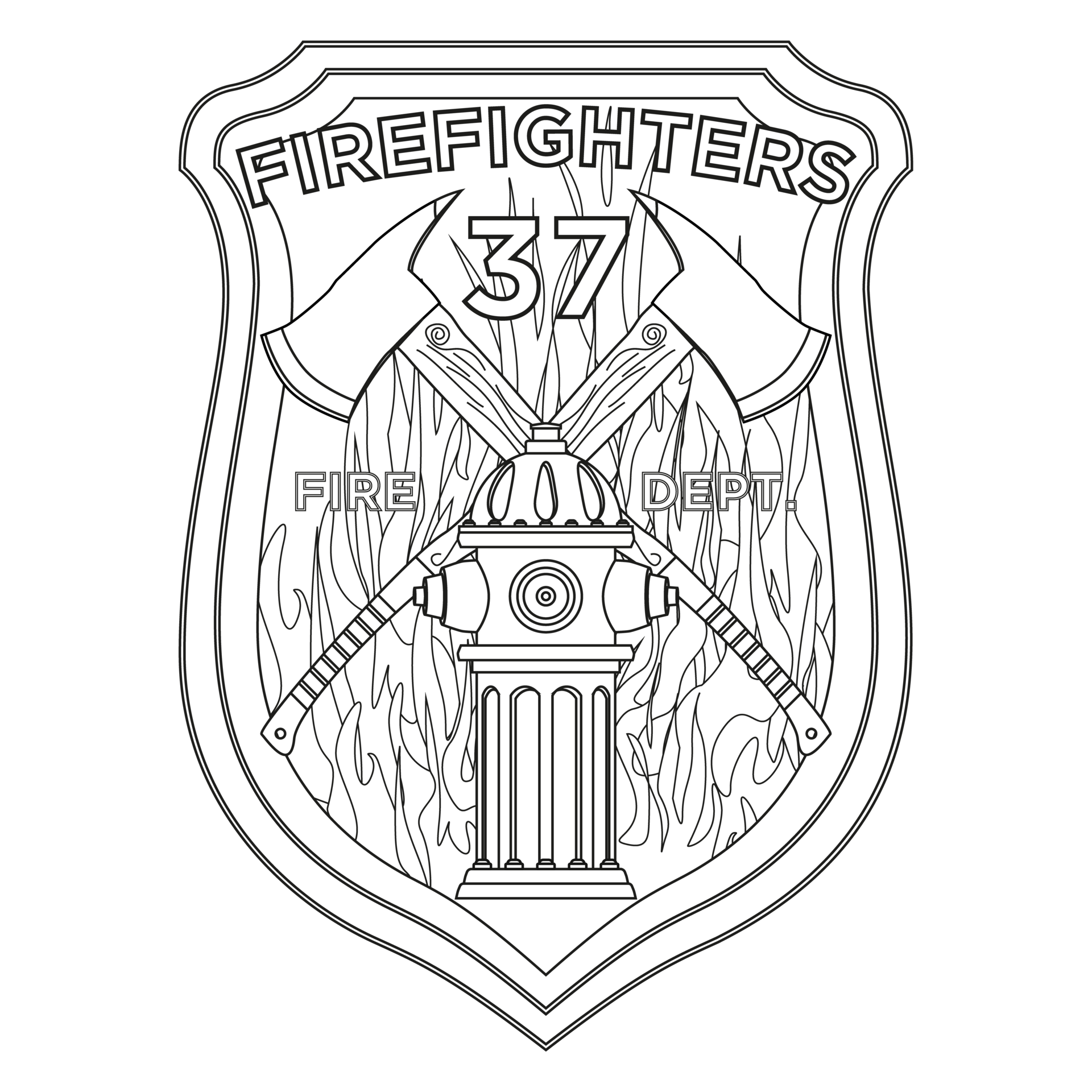 Página para colorear insignia de bombero hachas de bombero e hidrante