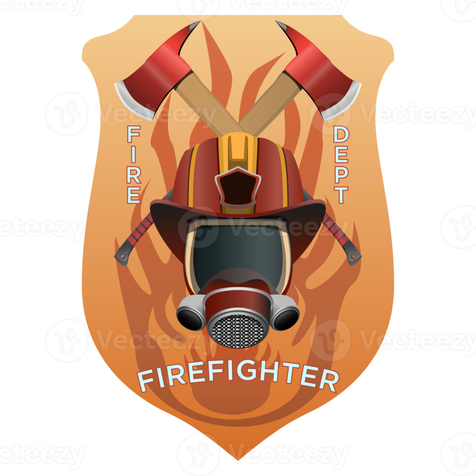 Firefighter insignia. Firefighter mask, helmet and axes behind on shield badge. Colorful PNG illustration.