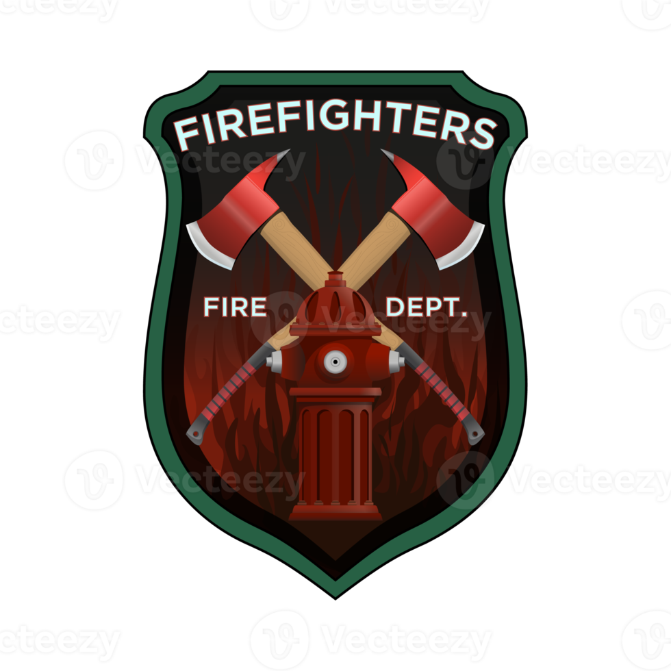 Firefighter Badge in realistic style. Firefighter axes and hydrant on shield insignia. Colorful illustration. png