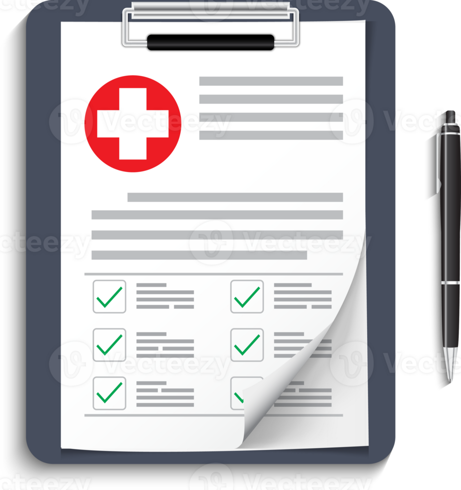 Clipboard with medical cross and pen. Clinical record, prescription, claim, medical check marks report, health insurance concepts. Premium quality. Modern flat design graphic elements. png