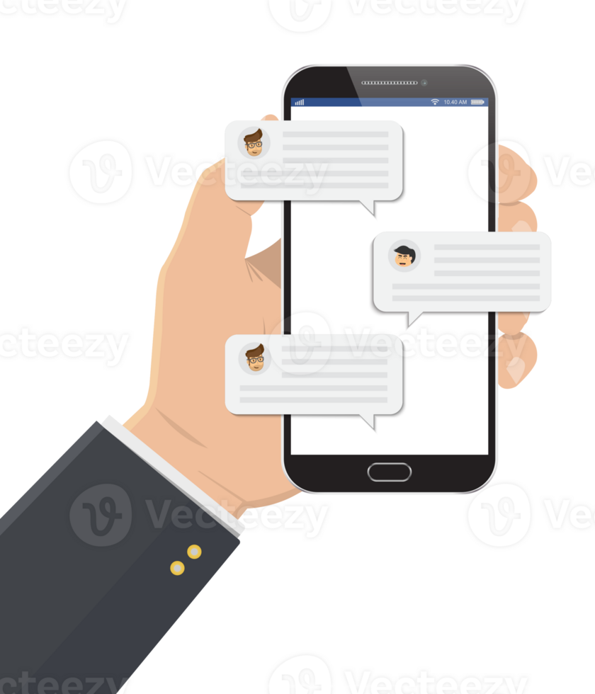 Mobile phone chat message notifications. hand with smartphone and chatting bubble speeches, concept of online talking, speak, conversation, dialog png