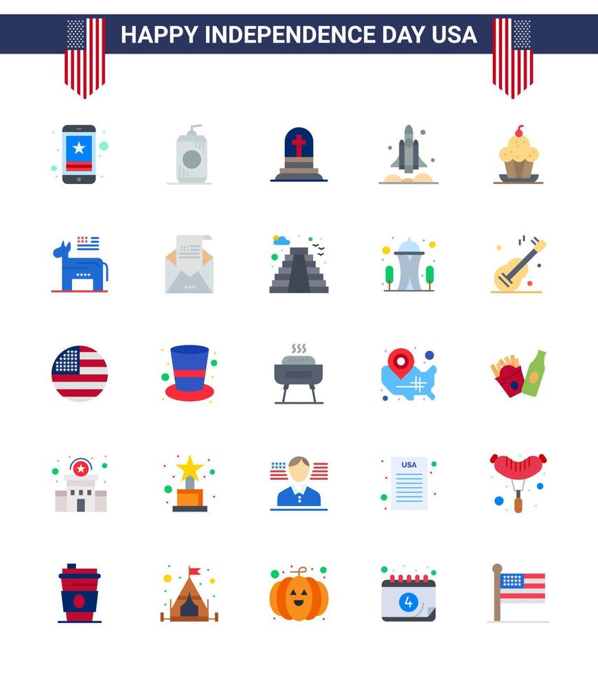 paquete de iconos de vector de stock del día americano 25 signos y símbolos planos para la nave espacial de EE. UU. Elementos de diseño de vector de día de EE. UU.