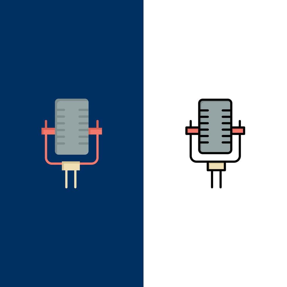 micrófono multimedia grabación canción iconos planos y llenos de línea conjunto de iconos vector fondo azul