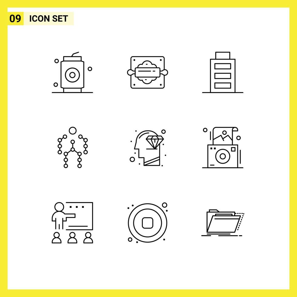Group of 9 Modern Outlines Set for head motion battery human bones Editable Vector Design Elements
