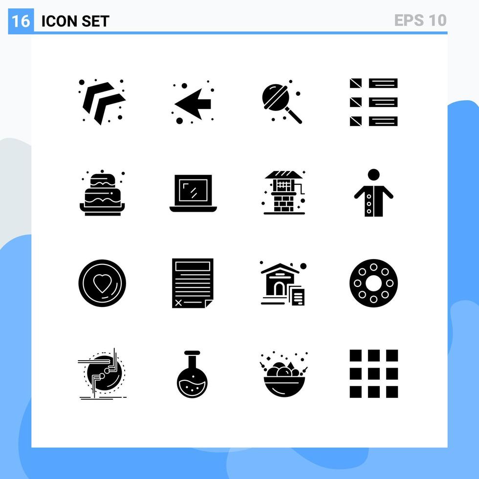 Modern Set of 16 Solid Glyphs Pictograph of celebration birthday sugar ui list Editable Vector Design Elements