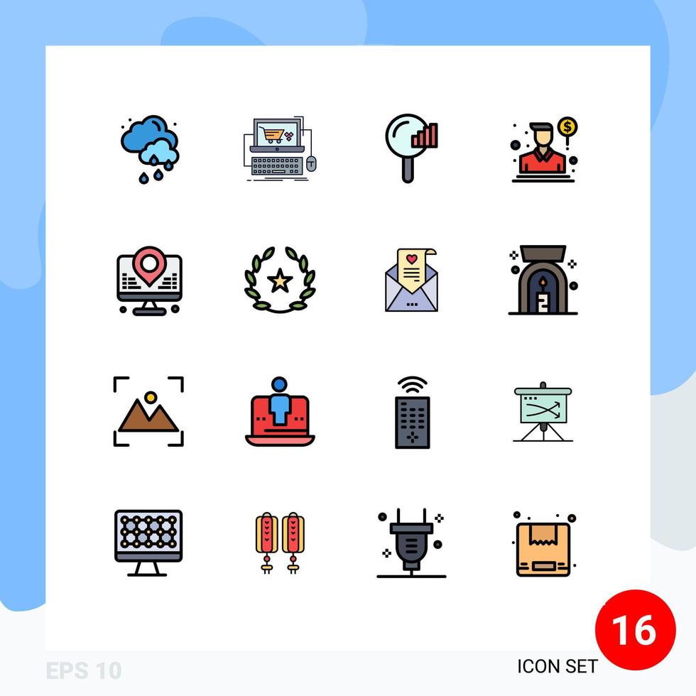 Modern Set of 16 Flat Color Filled Lines Pictograph of internet salesman find sales agent Editable Creative Vector Design Elements