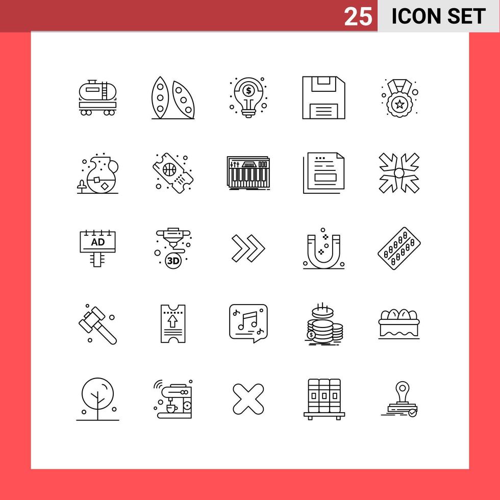 Universal Icon Symbols Group of 25 Modern Lines of reward save organic floppy solution Editable Vector Design Elements