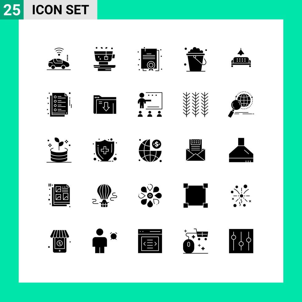User Interface Pack of 25 Basic Solid Glyphs of lump sofa certificate home cleaning Editable Vector Design Elements